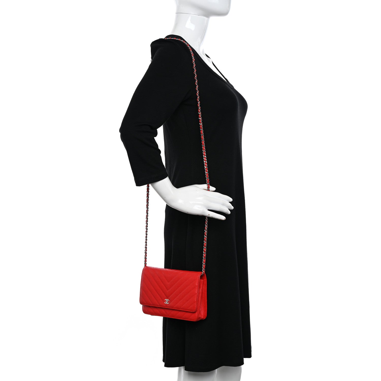 Chanel Caviar Chevron Quilted Wallet On Chain WOC Red 2 of 12