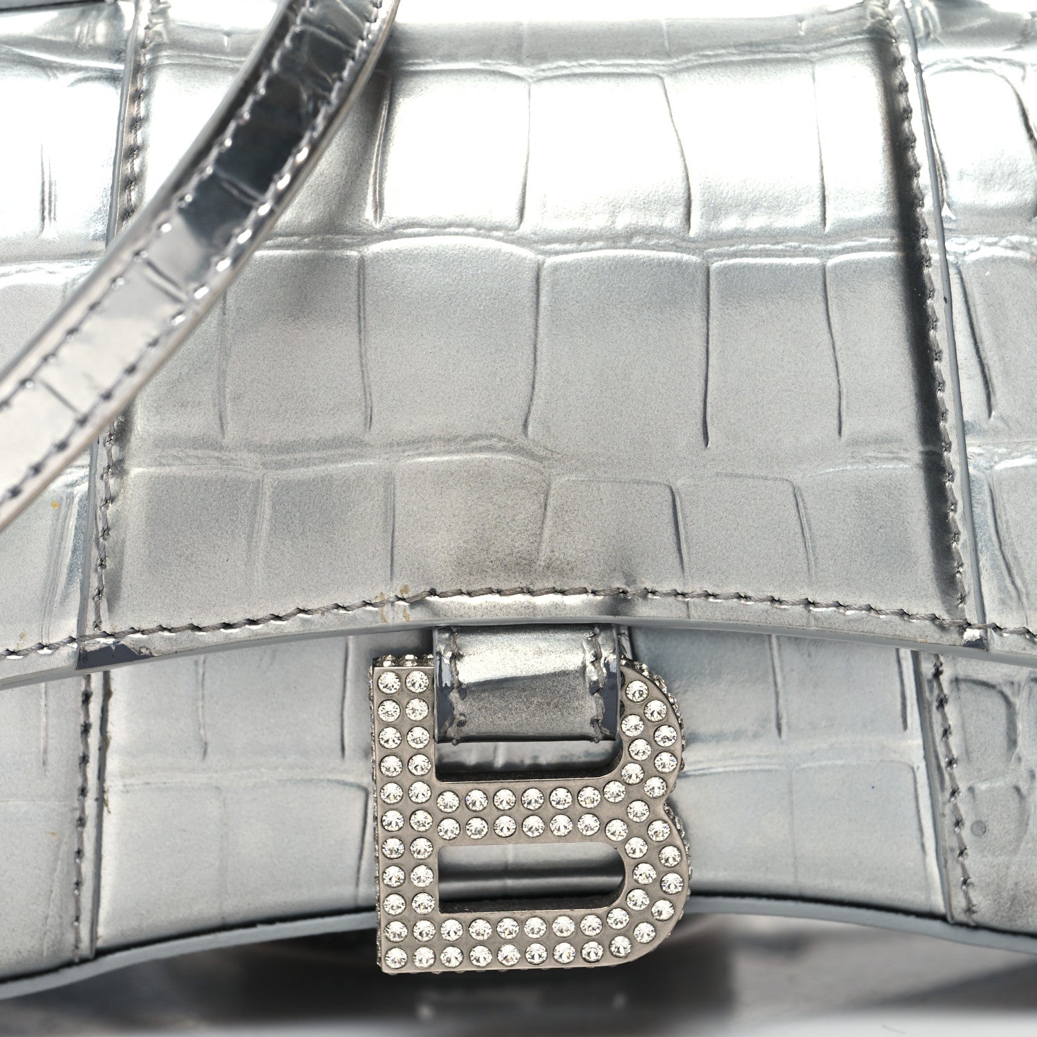 Balenciaga Metallic Calfskin Crocodile Embossed Crystal Hourglass Top Handle Bag XS Silver 8 of 12