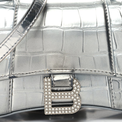 Balenciaga Metallic Calfskin Crocodile Embossed Crystal Hourglass Top Handle Bag XS Silver 8 of 12