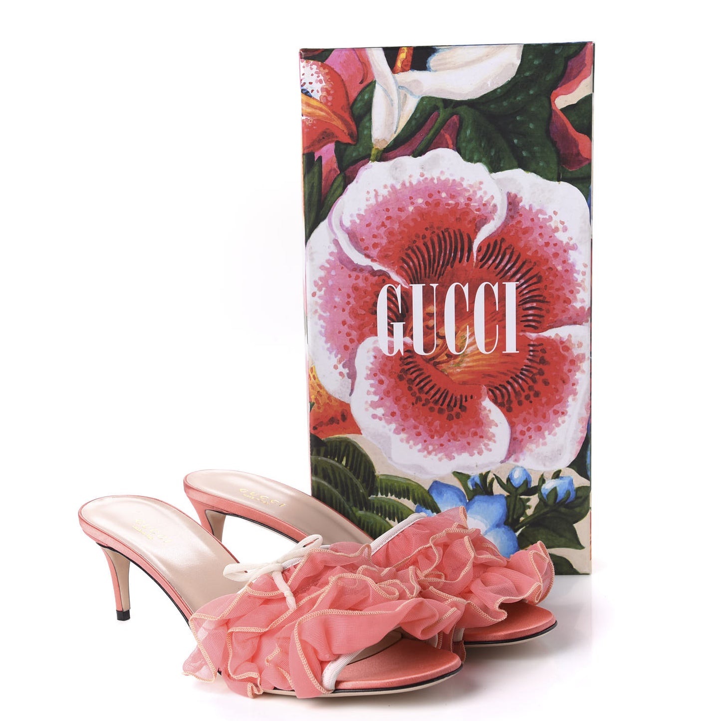 Tulle Ruffle Low Heel Slide Sandals 40 Peach White