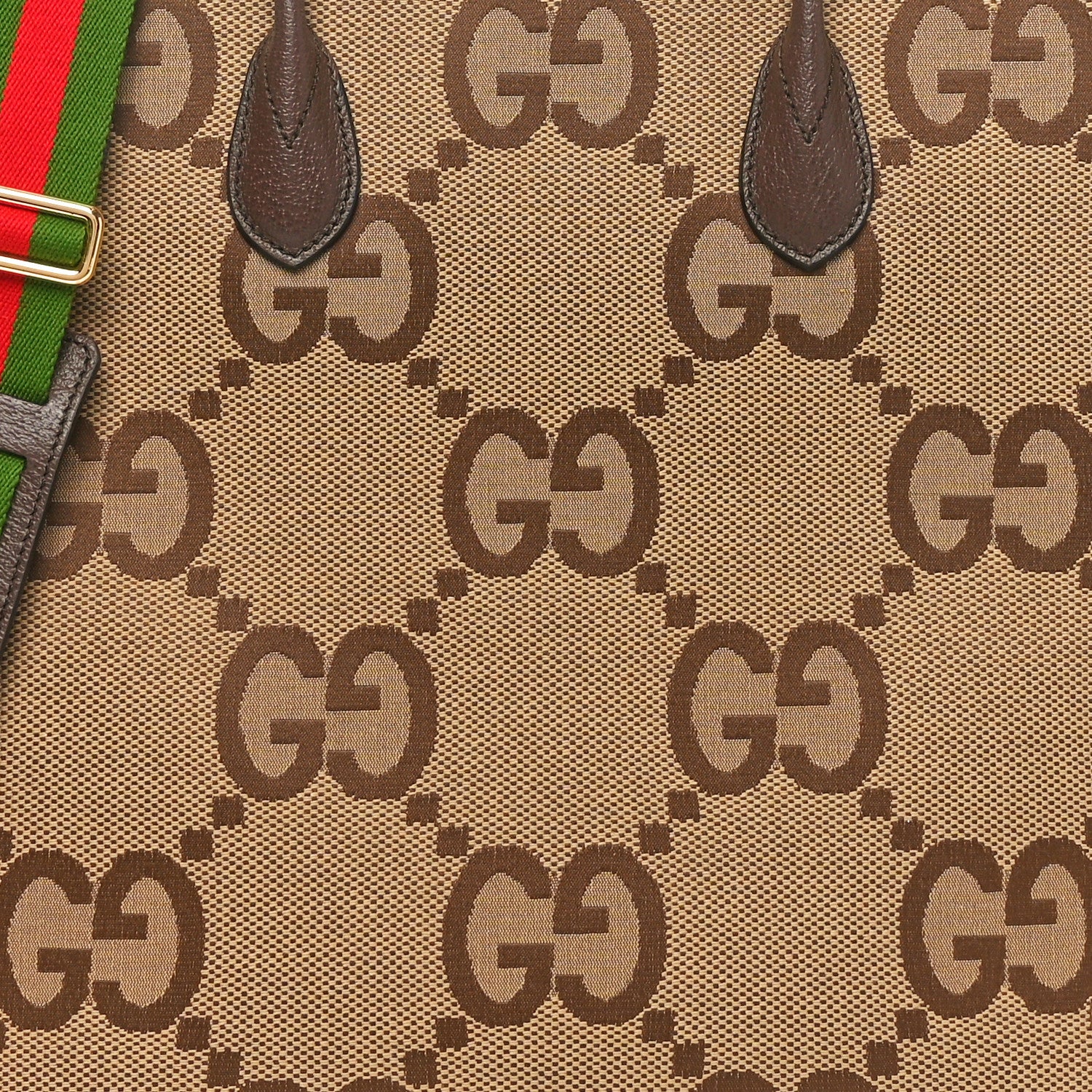 Gucci Monogram Jumbo GG Textured Dollar Calfskin Web Tote Bag Camel Ebony New Acero 8 of 11
