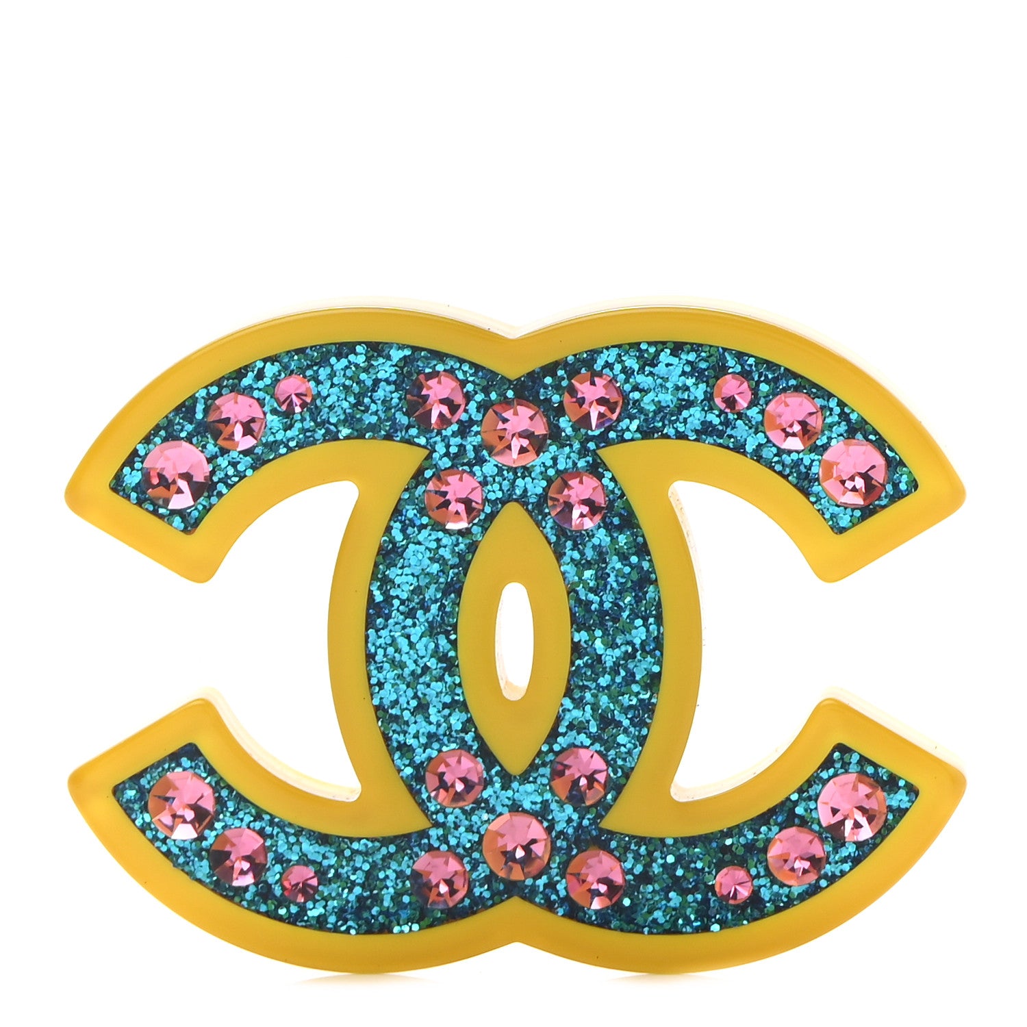 Chanel Resin Glitter Crystal CC Brooch Yellow Blue 1 of 5