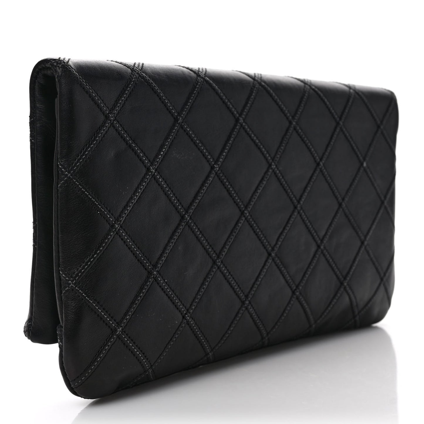 Lambskin Quilted Fold Over Clutch Black