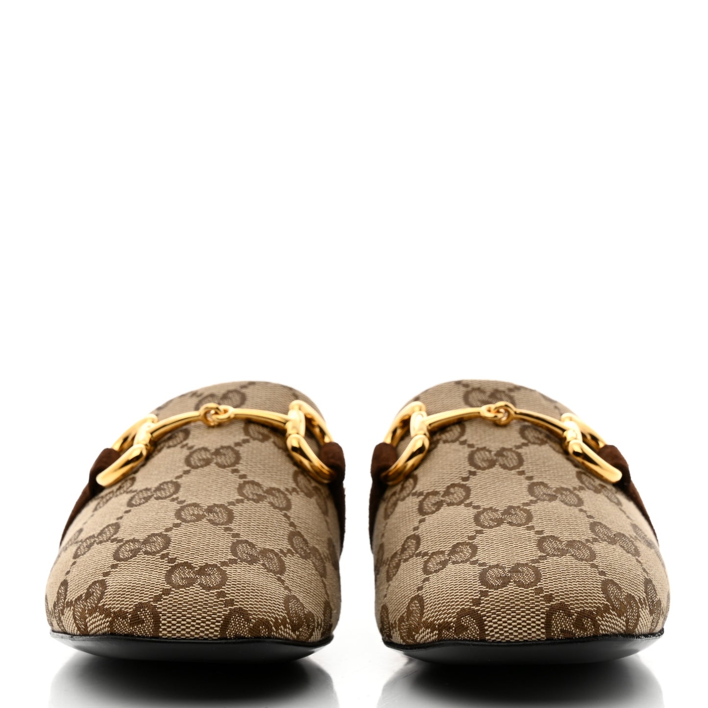 GG Monogram Suede Womens Horsebit Slippers 36.5 Beige Ebony Brown