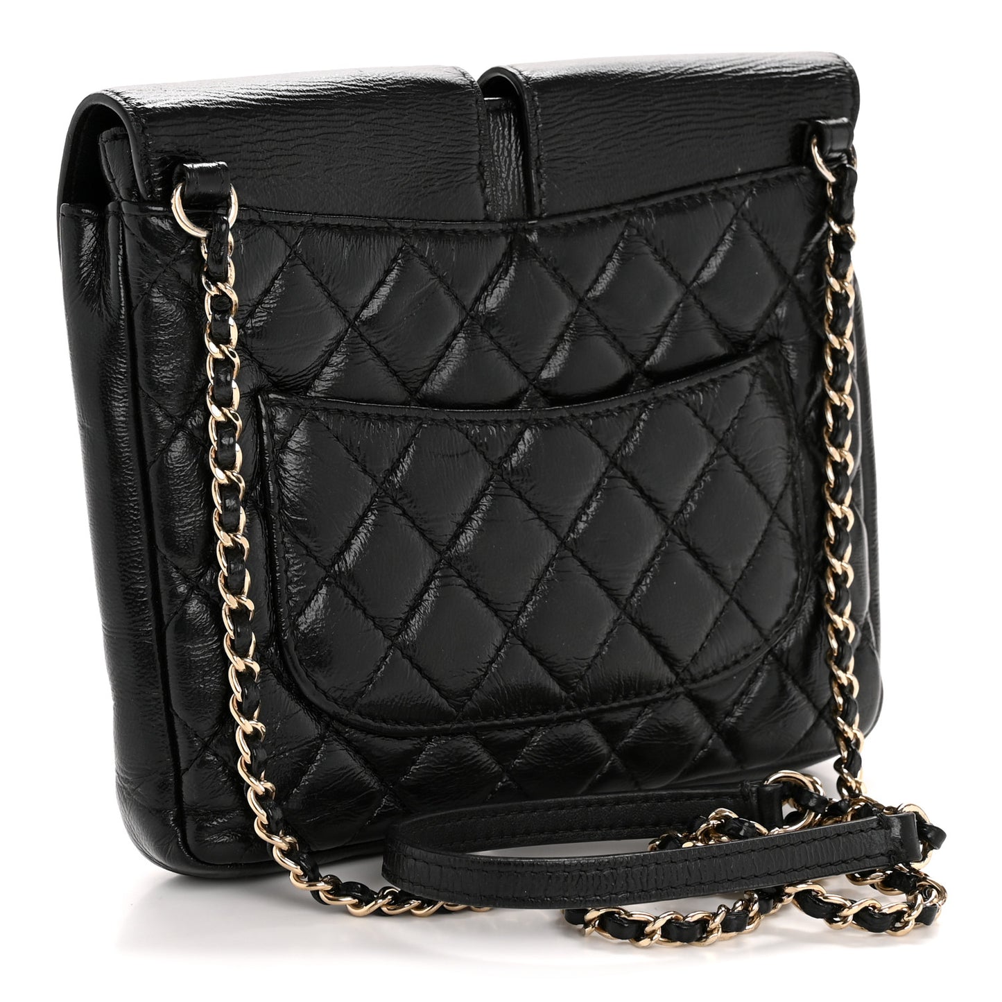 Glazed Calfskin Quilted Double Pocket Crossbody Flap Black