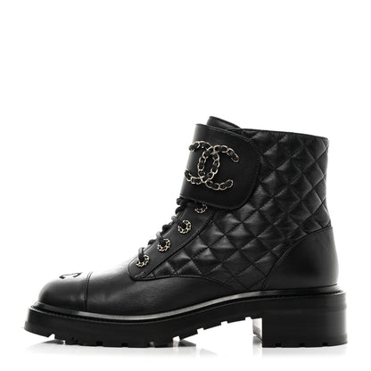 Chanel Shiny Lambskin Quilted Lace Up Combat Boots 41 Black 1 of 9
