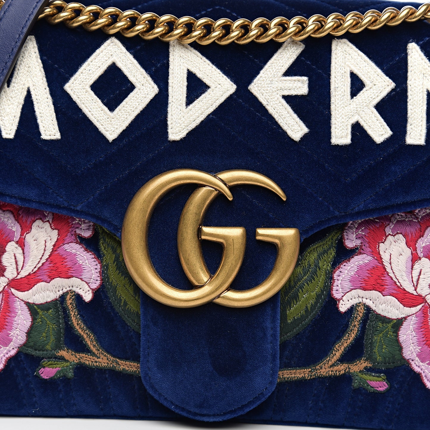 Velvet Matelasse Modern Embroidered Medium GG Marmont Shoulder Bag Cobalt