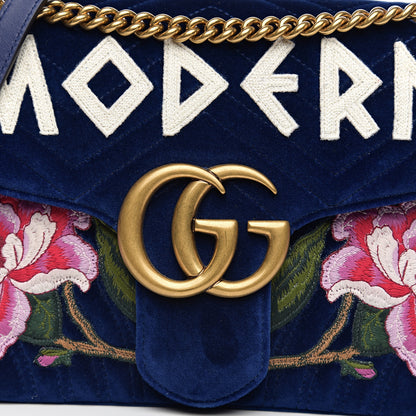 Gucci Velvet Matelasse Modern Embroidered Medium GG Marmont Shoulder Bag Cobalt 9 of 9