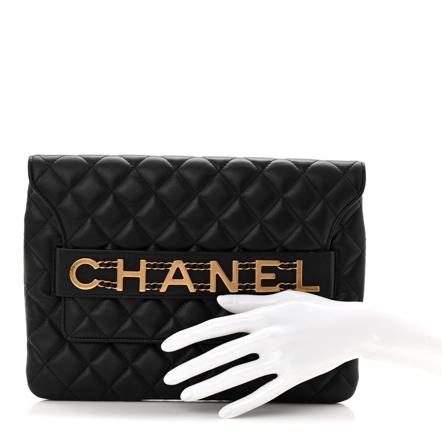 Calfskin Quilted Front Logo Enchained Clutch Black