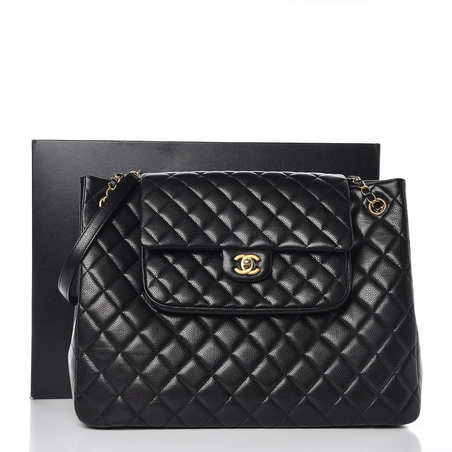 Caviar Quilted Flap Tote Black
