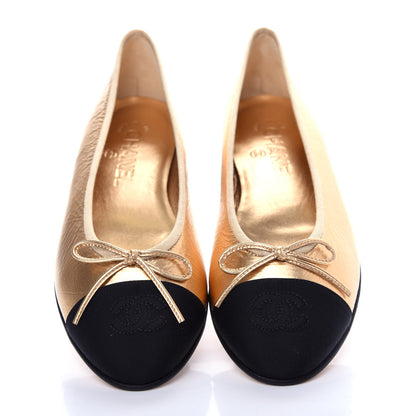 Chanel Metallic Calfskin Grosgrain Cap Toe CC Ballerina Flats 37.5 Gold 5 of 11