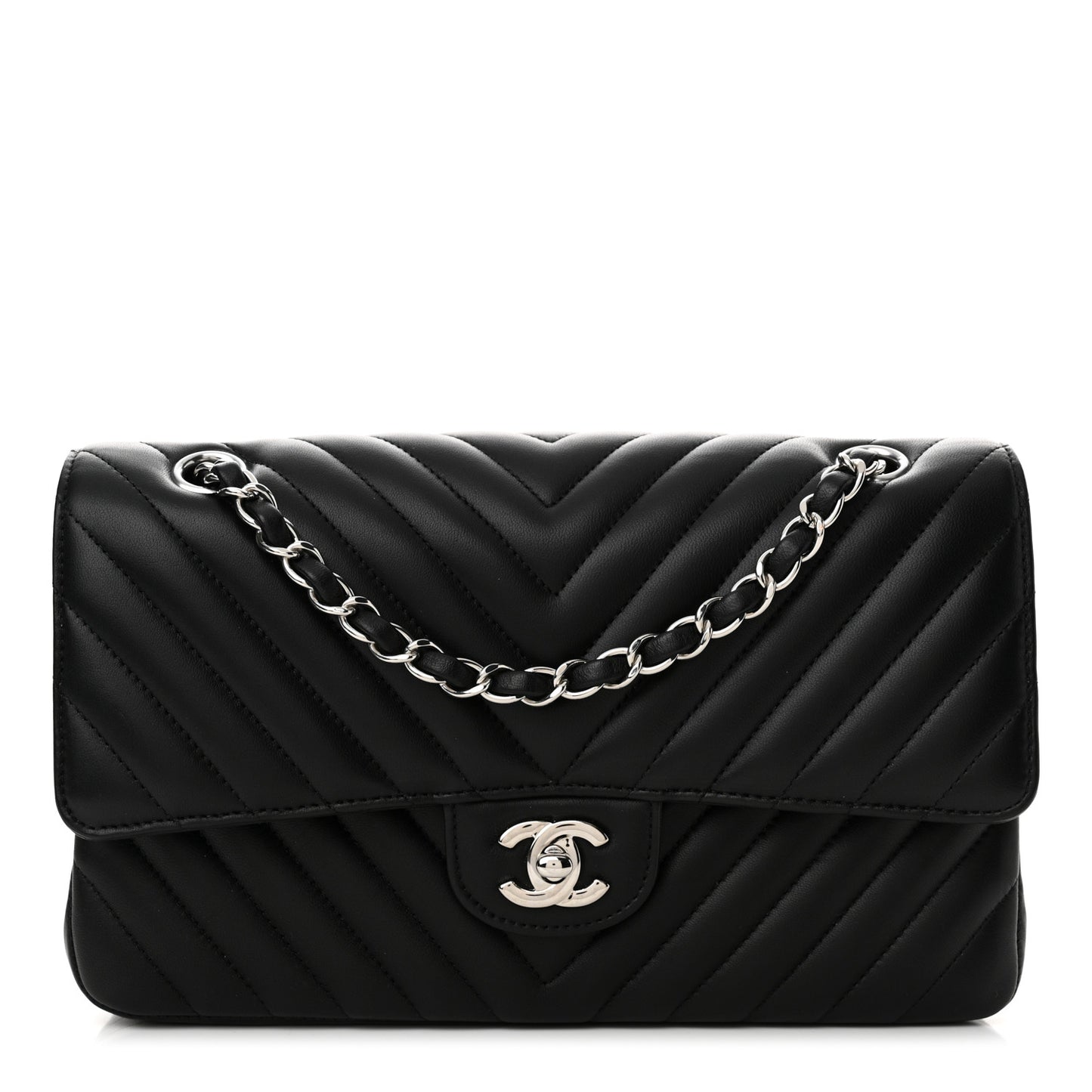 Lambskin Chevron Quilted Medium Double Flap Black