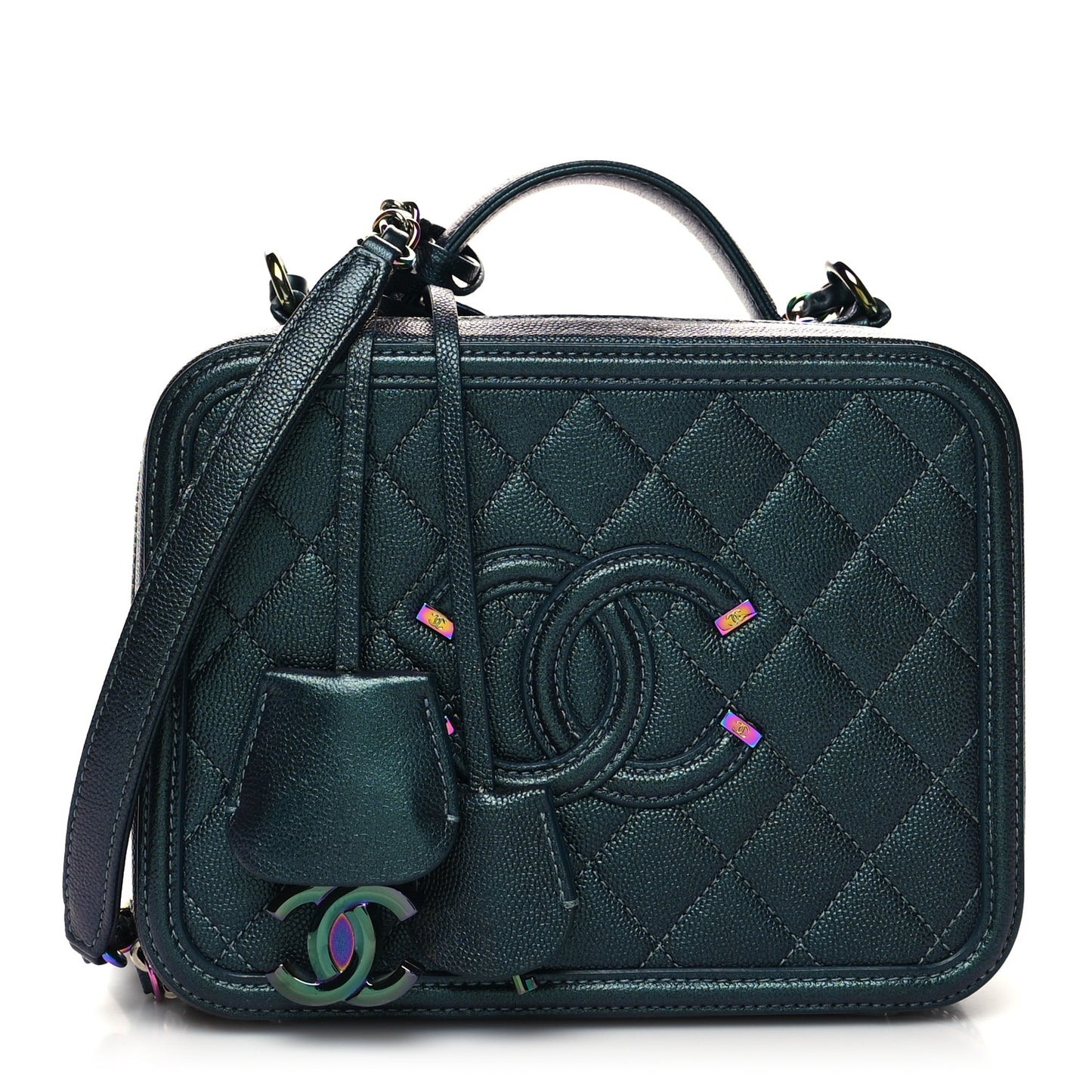 Iridescent Caviar Quilted Medium CC Filigree Vanity Case Dark Turquoise