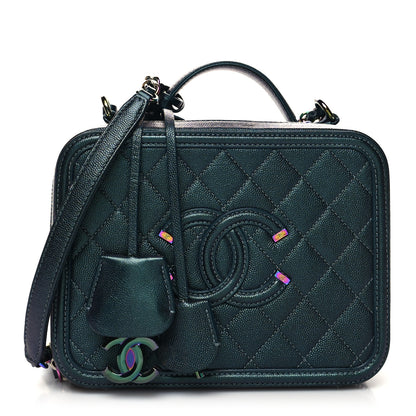 Chanel Iridescent Caviar Quilted Medium CC Filigree Vanity Case Dark Turquoise 1 of 11