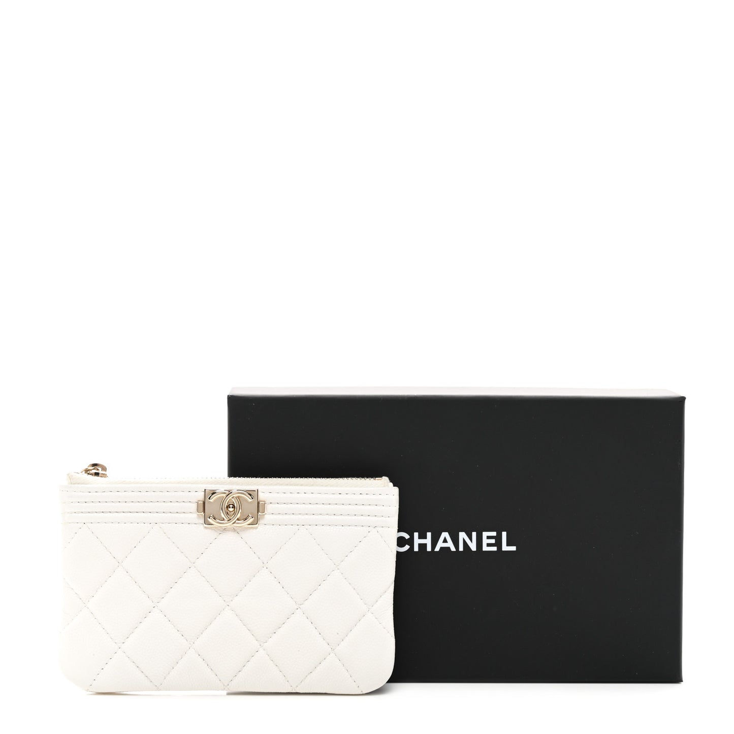 Caviar Quilted Zipped Boy Pouch White