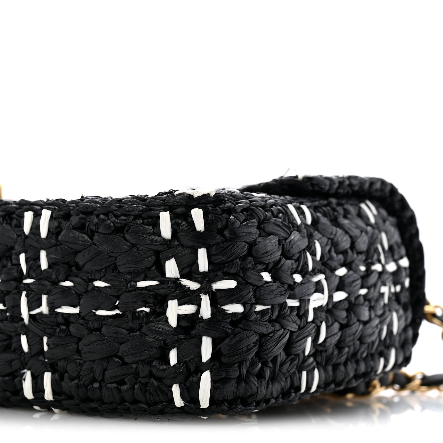 Raffia Effect Medium Tweedy Flap Bag Black White