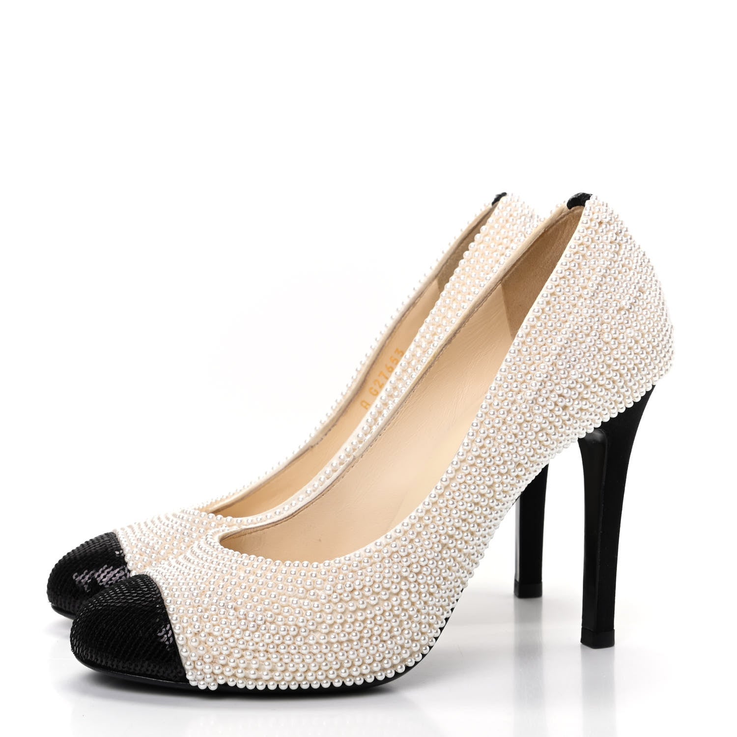 Chanel Pearl Sequins Cap Toe Pumps 37.5 Beige Black 3 of 11