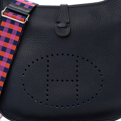 Hermes Taurillon Clemence Quadrille Evelyne III PM Bleu Nuit Bleu Saphir Anemone Capucine 8 of 12