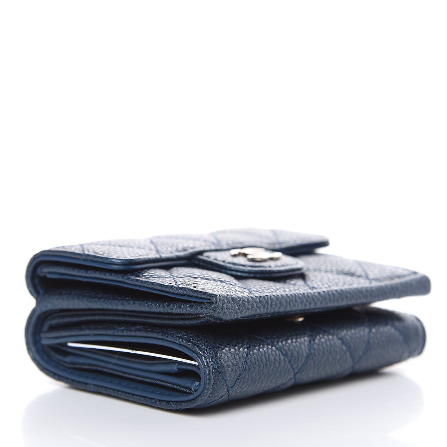 Metallic Caviar Quilted Compact Flap Wallet Dark Blue