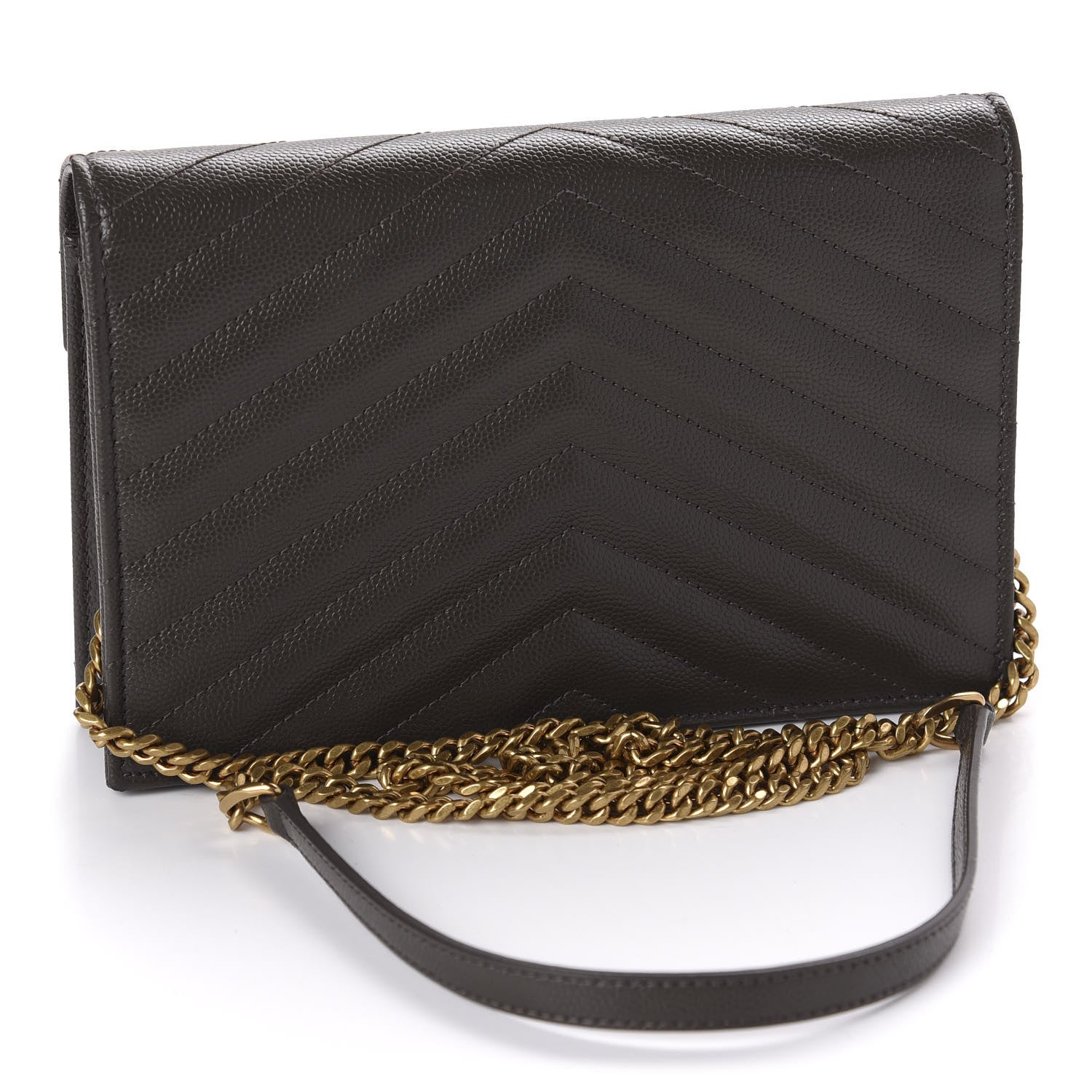 Saint Laurent Grain De Poudre Matelasse Chevron Monogram Envelope Chain Wallet Pebble 3 of 11