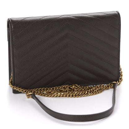 Saint Laurent Grain De Poudre Matelasse Chevron Monogram Envelope Chain Wallet Pebble 3 of 11