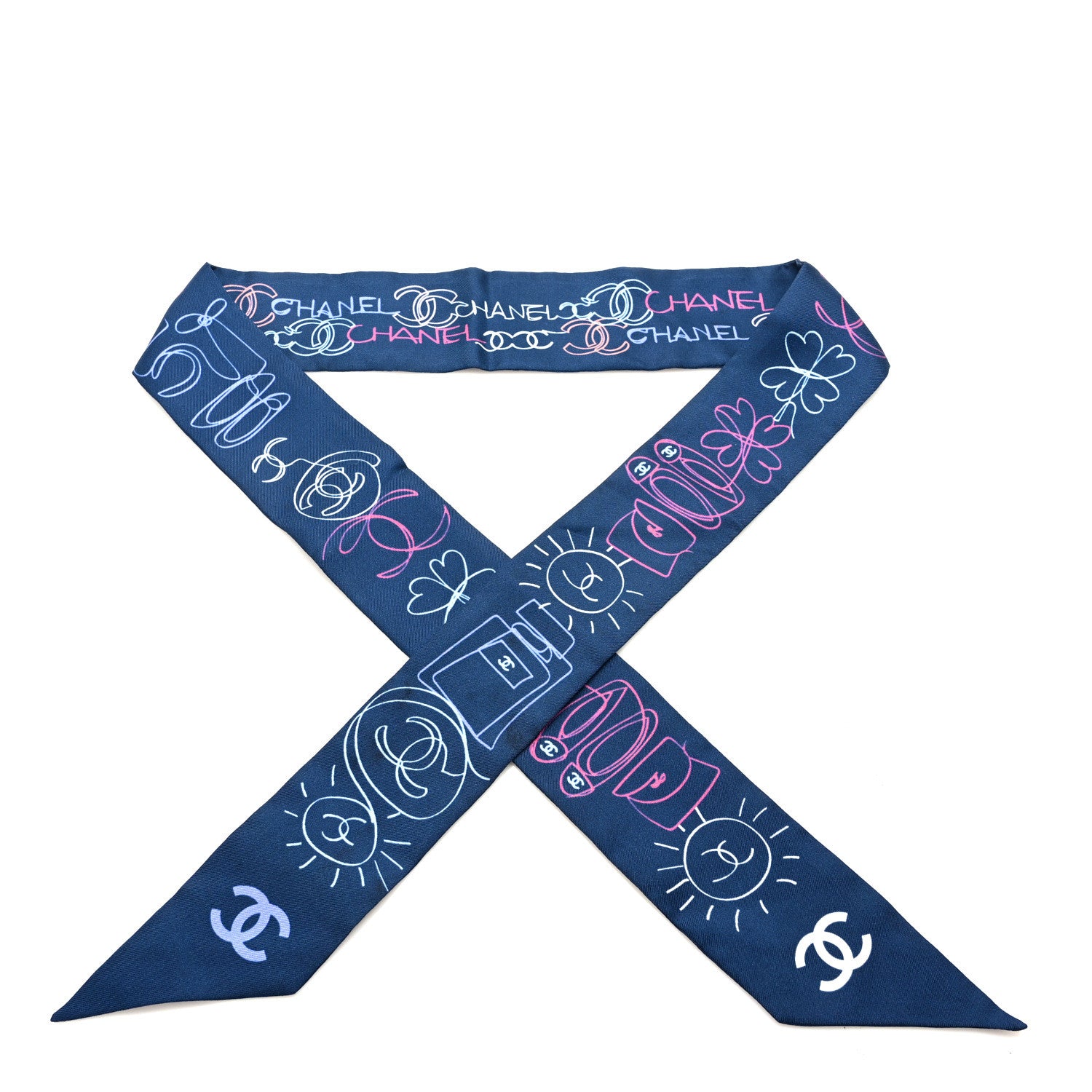 Chanel Silk Twill CC Logo Slim Bandeau Scarf Navy Blue Multicolor 1 of 4