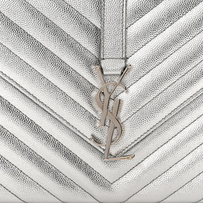 Saint Laurent Metallic Grain De Poudre Matelasse Chevron Medium Monogram Satchel Silver 8 of 11