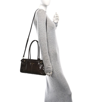 Prada Glossy Calfskin Triangle Medium Bonnie Shoulder Bag Dark Brown 2 of 9