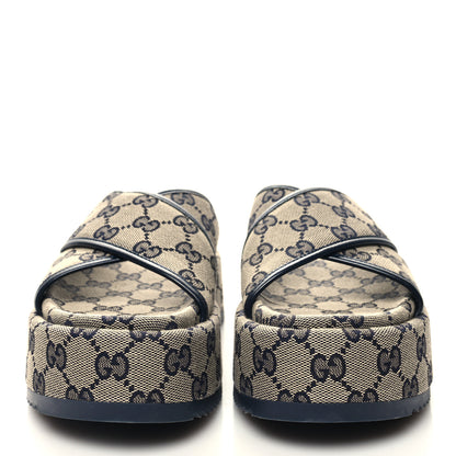 Gucci Monogram Criss Cross Platform Slide Sandals 35 Beige Blue 2 of 8