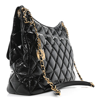 Chanel Shiny Crumpled Calfskin Quilted Large Wavy CC Hobo Black 3 of 9