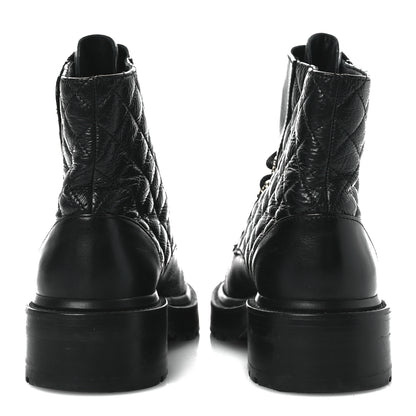 Chanel Shiny Goatskin Calfskin Quilted Lace Up Combat Boots 37 Black 6 of 11