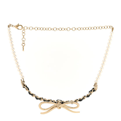 Chanel Pearl Lambskin CC Chain Bow Choker Gold Black White 3 of 7