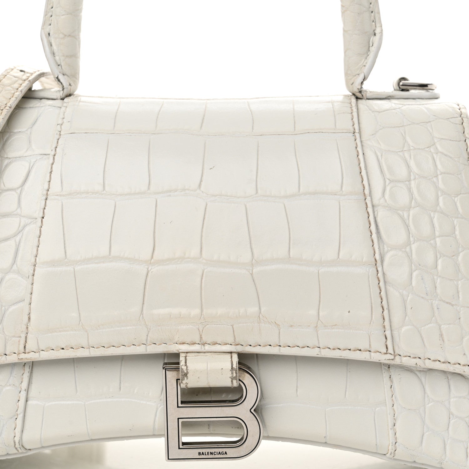 Balenciaga Calfskin Crocodile Embossed Small Hourglass Top Handle Bag White 7 of 28
