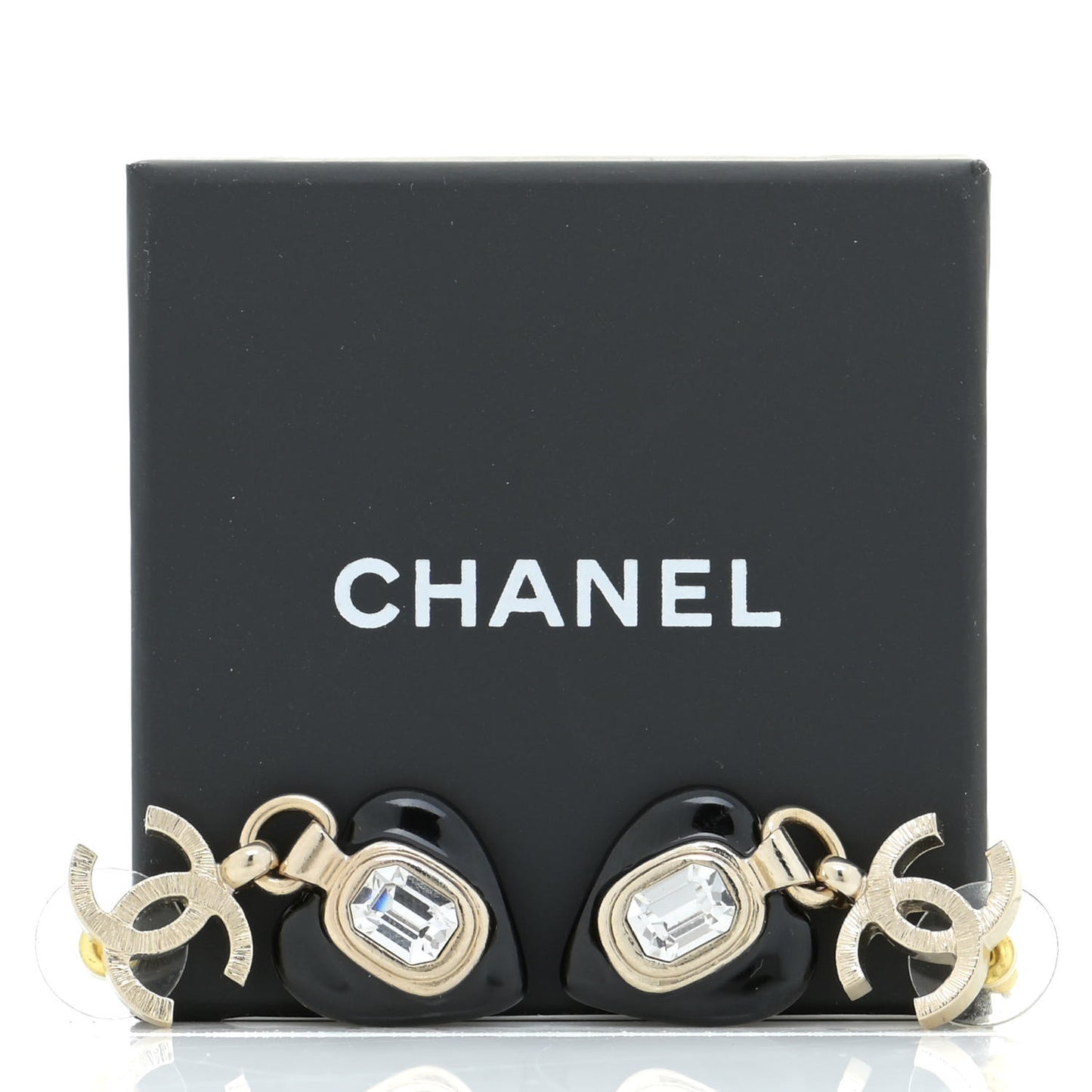 Resin Crystal CC Heart Drop Earrings Black Gold