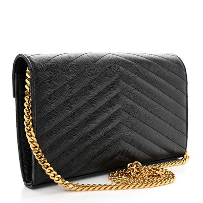 Saint Laurent Grain De Poudre Matelasse Chevron Monogram Chain Wallet Black 3 of 11