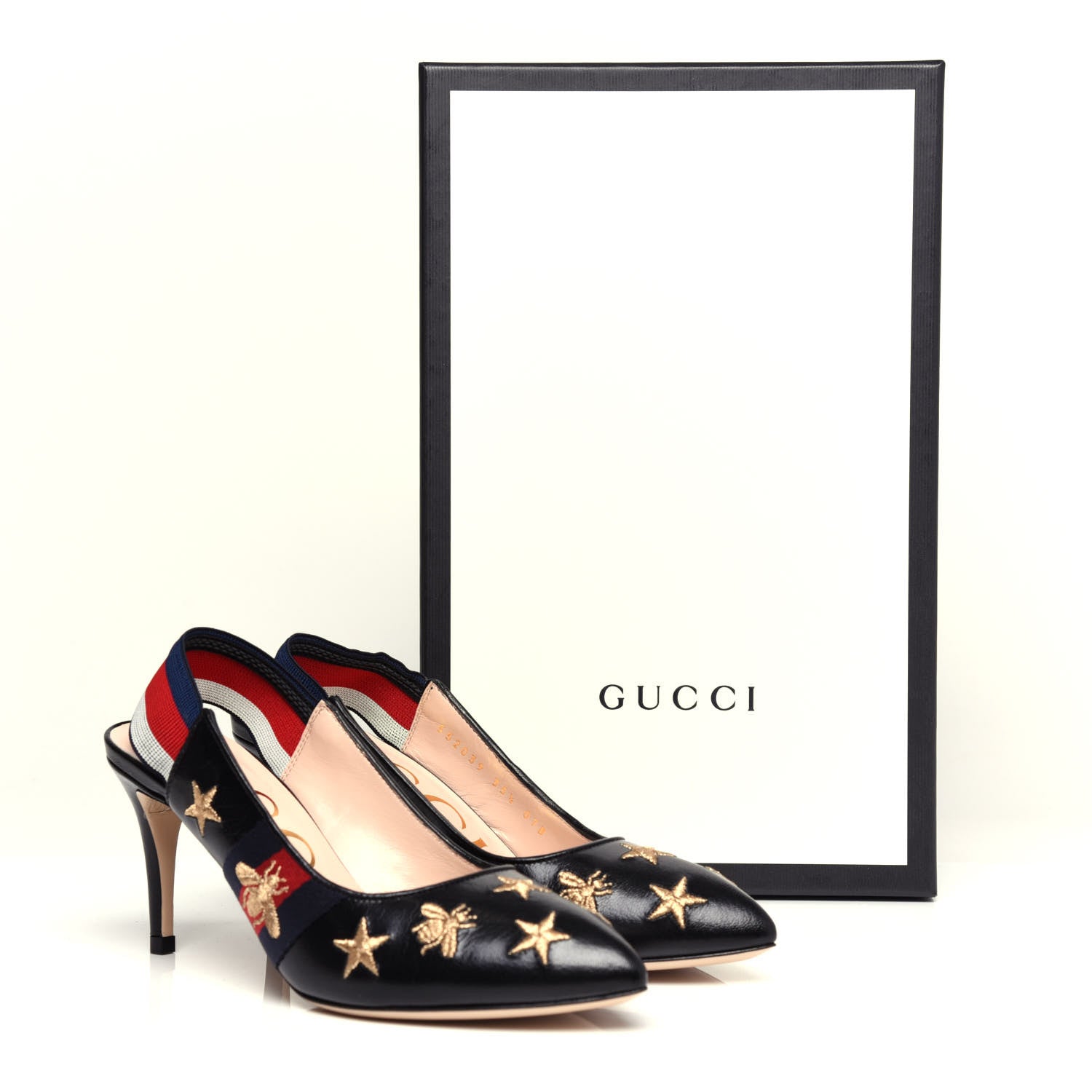Gucci Calfskin Web Bee Star Embroidered Sylvie Mid Heel Slingback Pumps 35.5 Black 11 of 11