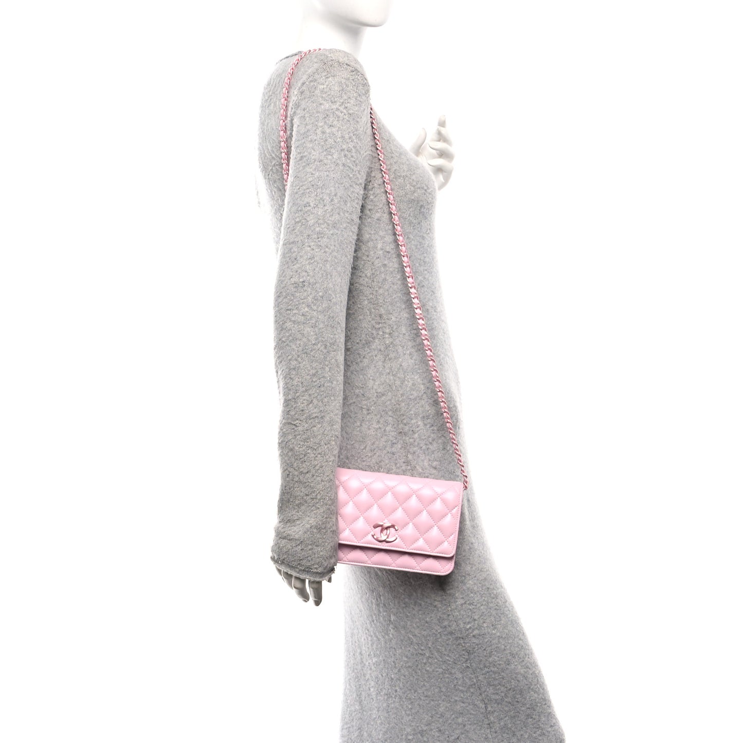 Calfskin Quilted Pearly CC Wallet On Chain WOC Pink