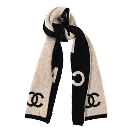 Chanel Cashmere Wool Silk CC Stole Black Beige 1 of 3