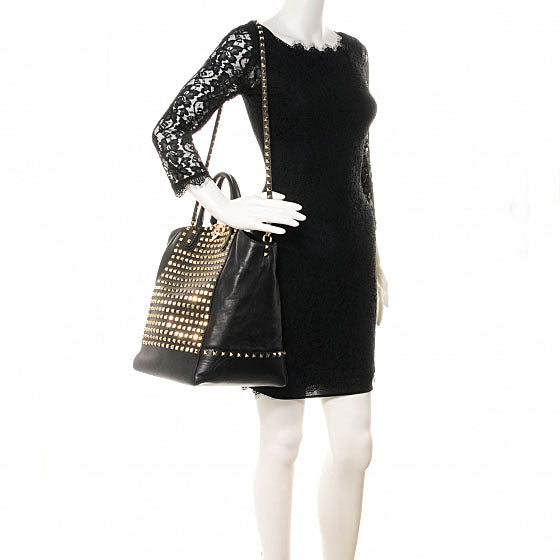 Vitello Rockstud All Over New Dome Bucket Tote Black