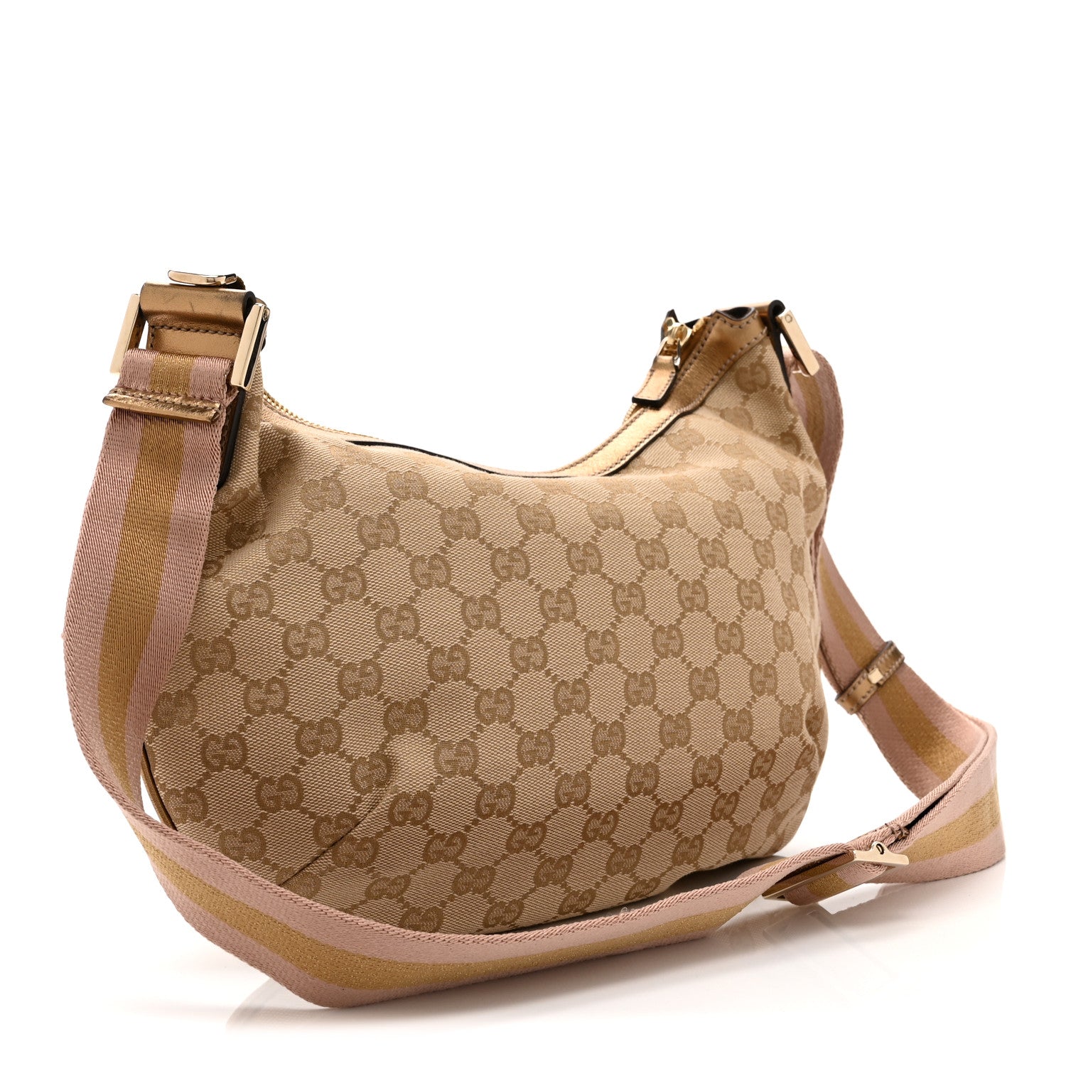 Gucci Monogram Web Medium Half Moon Hobo Gold Pink 3 of 10