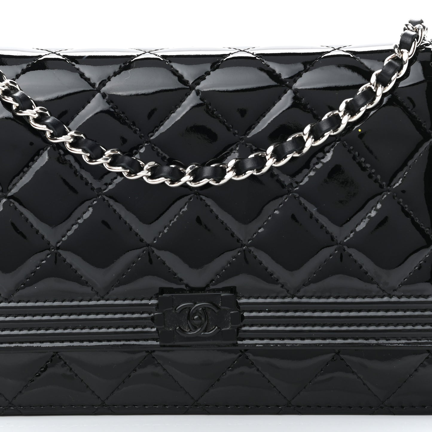 Patent Calfskin Quilted Boy Wallet On Chain WOC Black