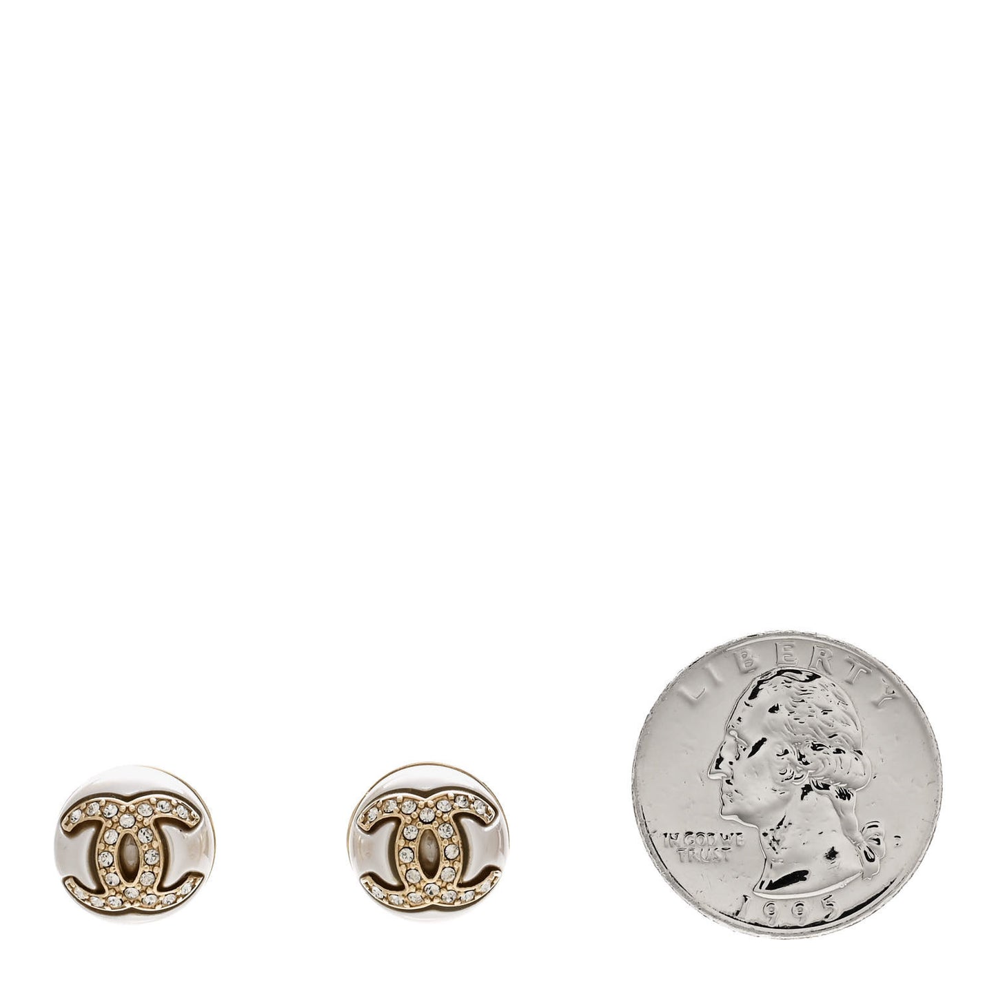Pearl Crystal Metal CC Round Earrings Gold