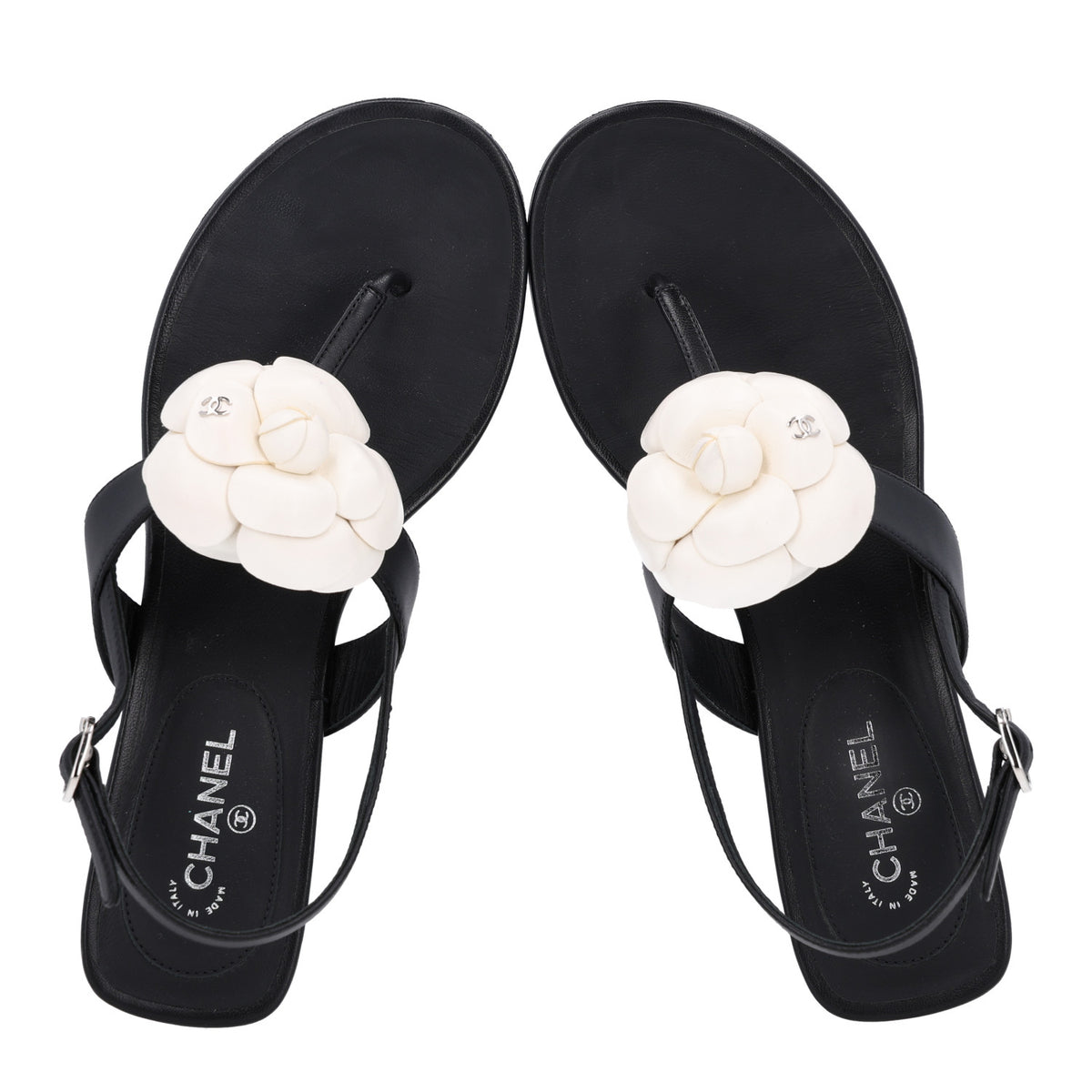 Chanel Lambskin Camellia Thong Sandals 36.5 Black White 2 of 10
