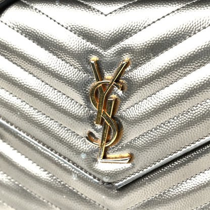 Saint Laurent Metallic Grain De Poudre Matelasse Chevron Monogram Envelope Chain Wallet Piombo Black 8 of 9