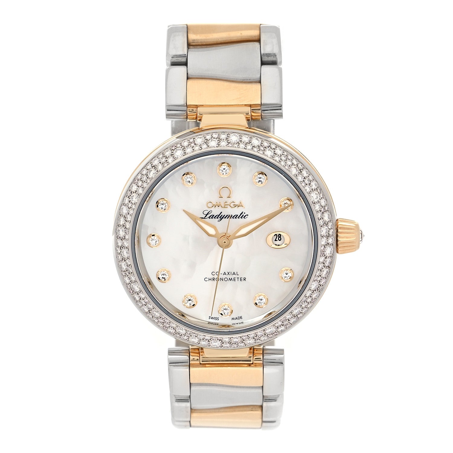 Omega Stainless Steel 18K Yellow Gold Diamond Pave Bezel Mother of Pearl 34mm Ladymatic Co-Axial Automatic Watch 425.25.34.20.55.003 1 of 4