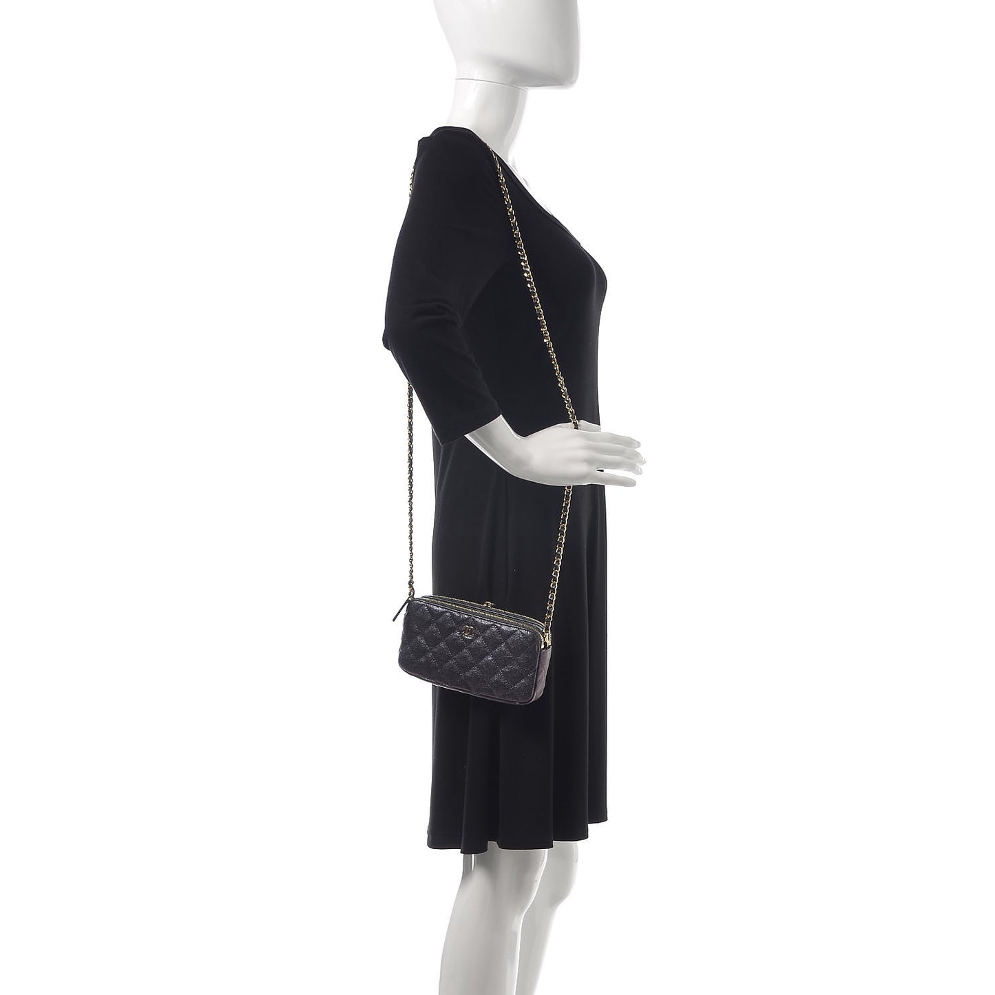 Iridescent Caviar Quilted Clutch With Chain Black