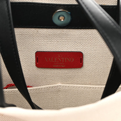 Valentino Garavani Canvas Calfskin VLTN Print Small Rockstud Tote Naturale Black 6 of 11