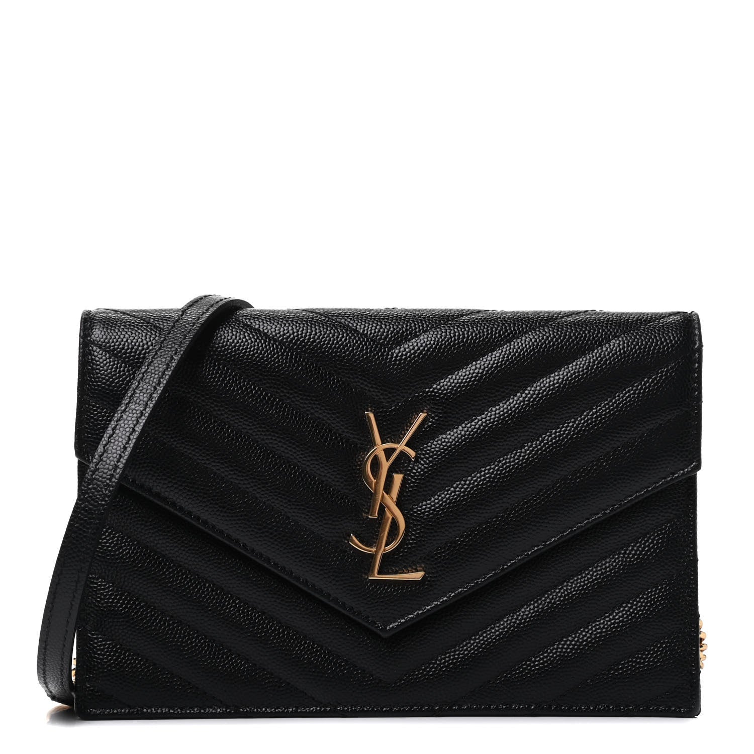 Saint Laurent Grain De Poudre Matelasse Chevron Monogram Envelope Chain Wallet Black 1 of 4