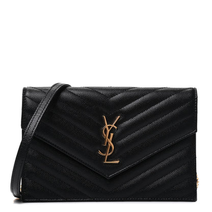 Saint Laurent Grain De Poudre Matelasse Chevron Monogram Envelope Chain Wallet Black 1 of 4