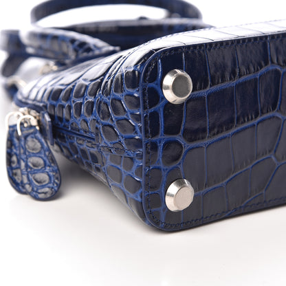 Balenciaga Shiny Calfskin Logo Crocodile Embossed XXS Ville Top Handle Bag Navy White 11 of 11